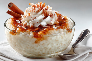 Bowl of rice pudding topped with swirl of whipped cream, cinnamon sticks, and toasted coconut flakes, in glass bowl on white linen napkin.