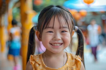 Adorable asian toddler girl smiling happily in a colorful playground, enjoying her playtime