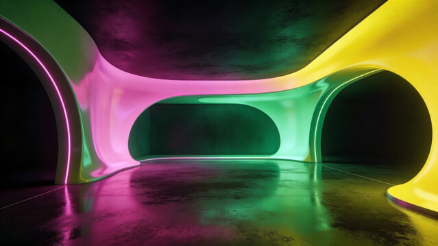 A futuristic interior with smooth, curved organic walls and arches illuminated by vibrant neon lights in pink, green, yellow, and purple hues, reflecting on a glossy floor - Powered by Adobe