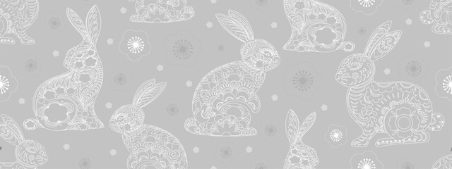 Seamless Easter Rabbit Paper Cut with Silver Flower on Grey background,Easter Bunny with Floral Background for Paper Design Wrapping Paper,Vector illustration art Hare Rabbit for wallpaper