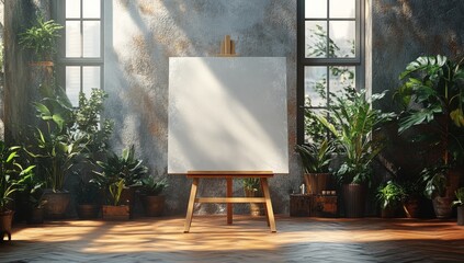 Blank canvas on easel bathed in sunlight amidst lush indoor plants, artistic space