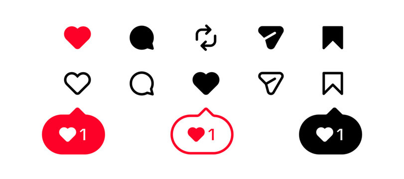Instagram icons set, Social media interaction, notification icons including like, comment, repost, share and save icon symbol. Red like speech bubble icon, favorite heart