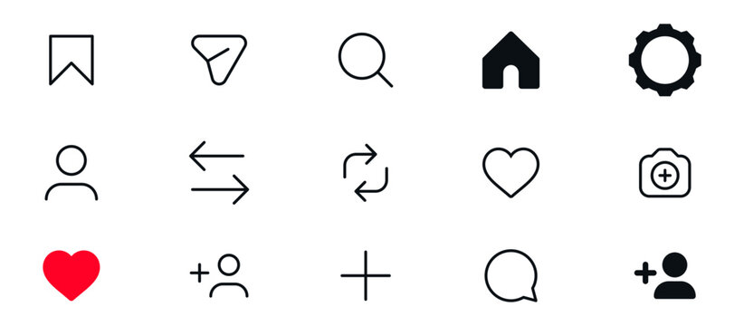 Instagram line icon set featuring social media symbols including home, search, user, heart, settings, and add symbols. social media notification icons ; like, comment, repost, share, save, UI icons