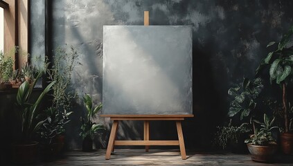 Blank canvas on wooden easel in sunlit, plant-filled room with dark textured walls