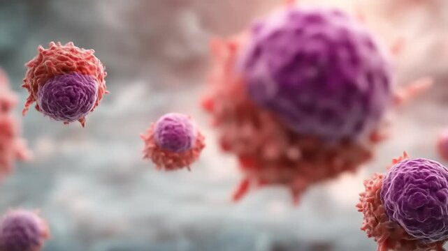 Microscopic rendering of cancer cells with spiky red exteriors and purple cores against a soft background