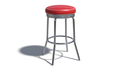 Vintage style red bar stool with chrome base and cushioned seat