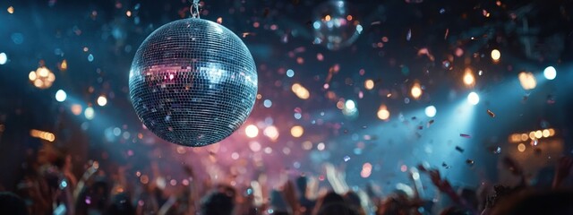Festive night club scene with a hanging disco ball, falling confetti, and vibrant lights