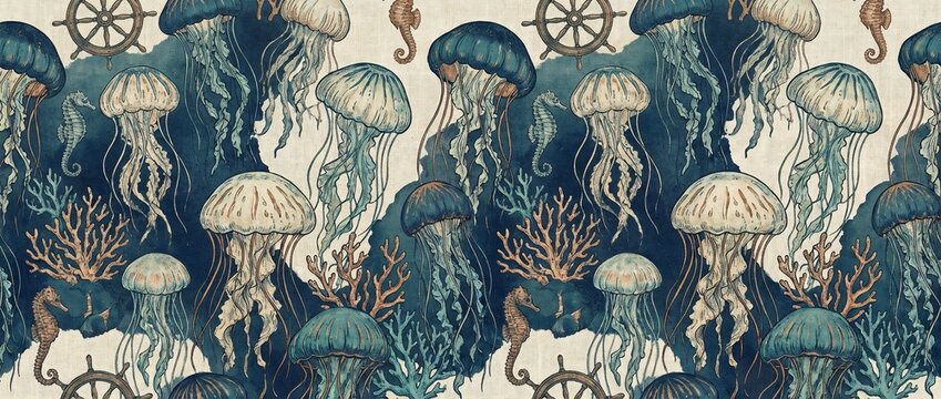 Vintage Nautical Seamless Pattern with Jellyfish and Coral