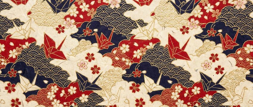 Traditional Japanese pattern with origami cranes and cherry blossoms