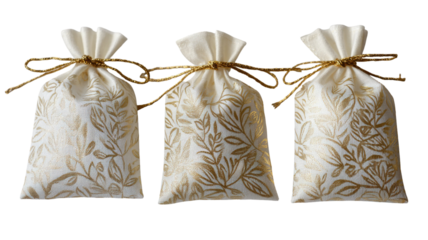 Title (22 words):
Elegant fabric gift sachets tied with string isolated on white background for wedding favors, aromatherapy, handmade packaging and festive decoration ideas design