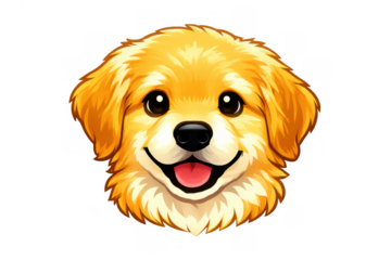 Golden retriever puppy cartoon head smiling with an open mouth, cute dog illustration featuring cheerful happiness, transparent background