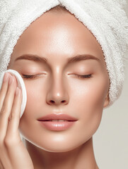 Young woman 20&ndash;30 years old with natural skin texture during skincare routine, spa beauty portrait