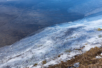Cracked ice on the river bank. The beginning of spring ice drift. Melting ice and snow. Thin layer of cracked ice on the grass on the river bank