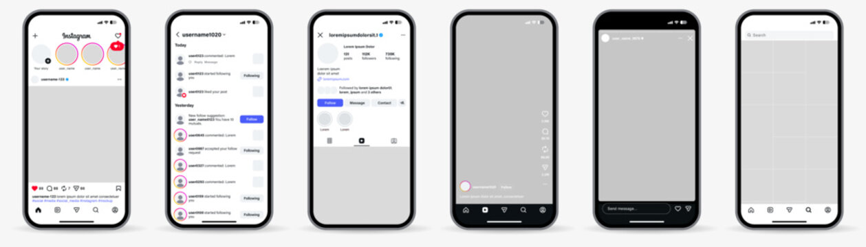 Instagram mockup. Social media mock up template. Set instagram app screens interface template on Iphone smartphone , new update 2026 instagram application, Instagram post, notification, story, reels