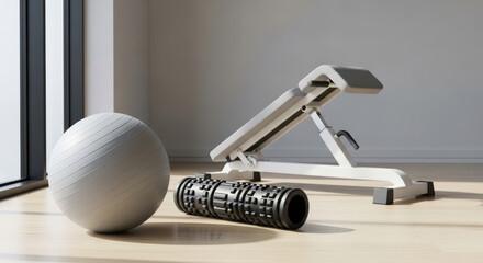 Exercise Ball, Foam Roller, and Adjustable Bench in a Bright Room, Showcasing Fitness Equipment for Home Workouts and Physical Therapy Sessions
