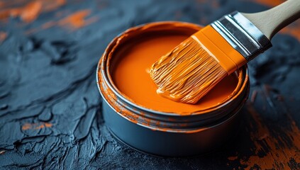 Close-up of a paintbrush with vibrant orange paint in an open can on a textured surface