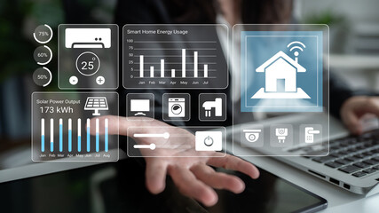 This image showcases a smart home technology interface with data visualizations of energy usage and solar power output, highlighting automation possibilities and efficiency. Gantry