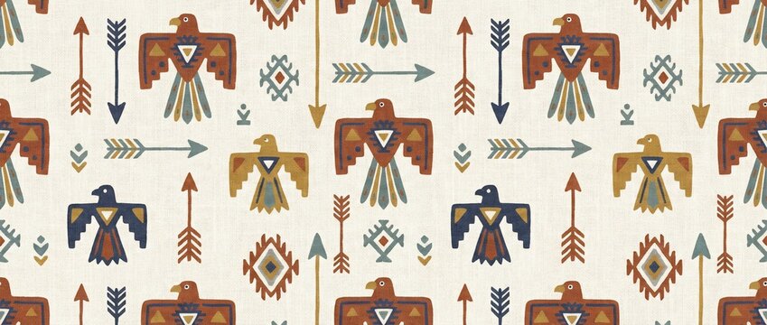 Seamless Pattern with Tribal Thunderbird and Arrow Folk Art