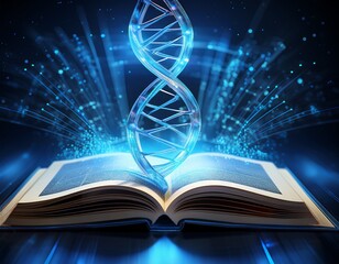 a deep blue digital background contrasts with an open book emitting a radiant dna helix hologram representing biotech