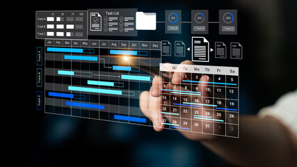 A cutting-edge digital project management tool showcasing an interactive Gantt chart and calendar,...