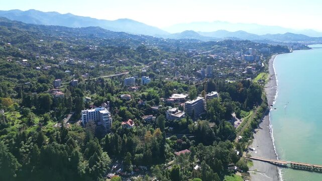 Lush green botanical garden on Black Sea coast in Batumi Georgia. 4K drone footage shows dense evergreen vegetation along a sunny shoreline with vivid colors and calm coastal atmosphere.