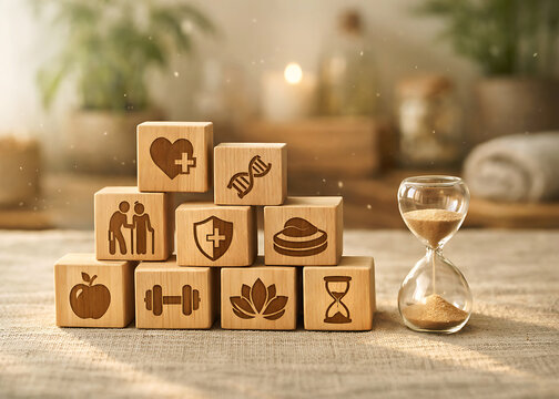 Health and Longevity Economy Concept with Wooden Blocks and Hourglass on Natural Linen Background