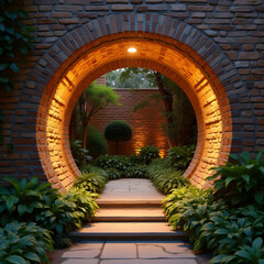 Brick garden archway with soft lighting and greenery