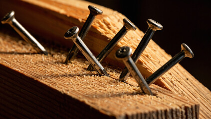 Close-up of Nails Driven into Wooden Plank