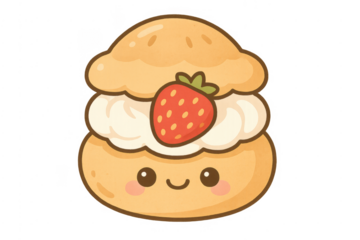 Cute cartoon cream puff with strawberry and whipped cream