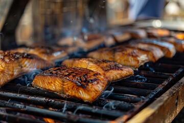 Salmon fillets cooking on a hot barbecue grill, creating a smoky and delicious aroma