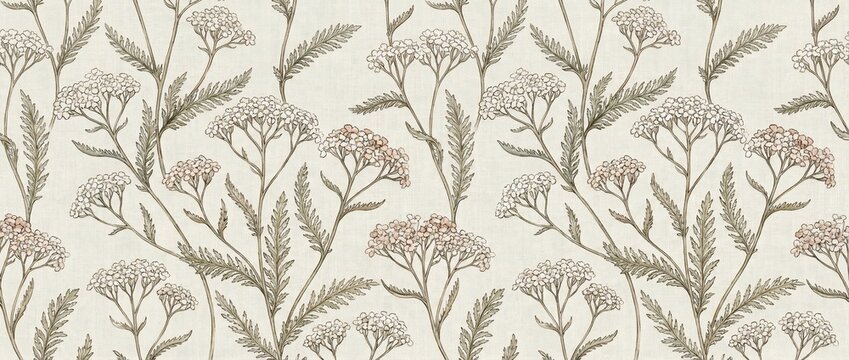 Vintage botanical pattern featuring hand drawn wild yarrow flowers