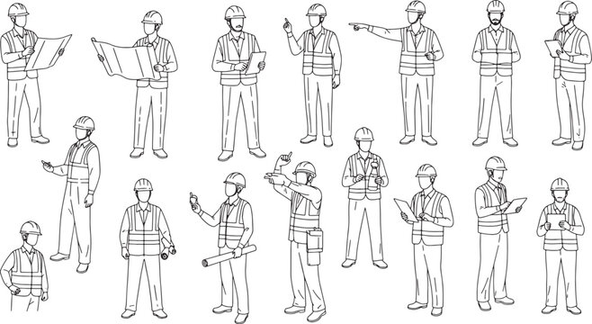 Set of construction workers and engineers line art for architectural site plans, scale figures of builders with safety helmets and blueprints for civil engineering renderings.