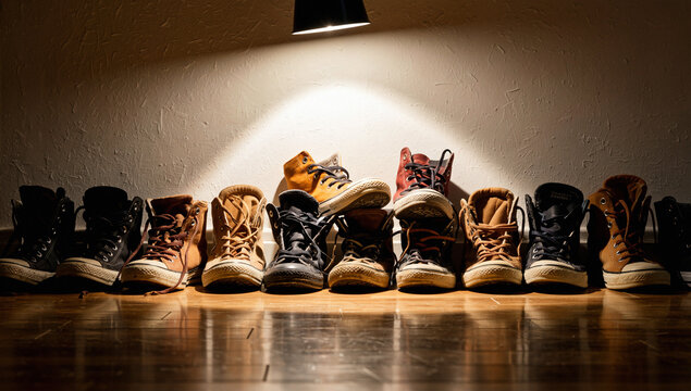 Assorted Boots in a Row Under Spotlight - Powered by Adobe