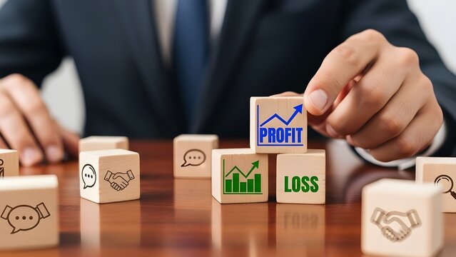 Businessman analyzing profit and loss with wooden blocks on a table in a office setting with a blurred background with finance and economy and growth and strategy with planning - Powered by Adobe