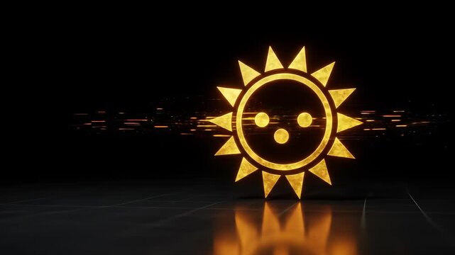 Golden Glowing Digital Sun Icon with Happy Face on Abstract Technology Background, 4K