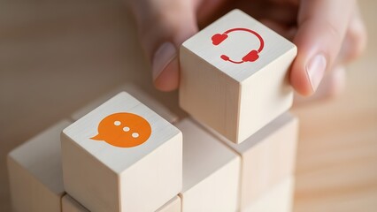 A hand placing a wooden block with a red headset symbol on top of other blocks with a speech bubble icon on one block representing customer service and communication with support