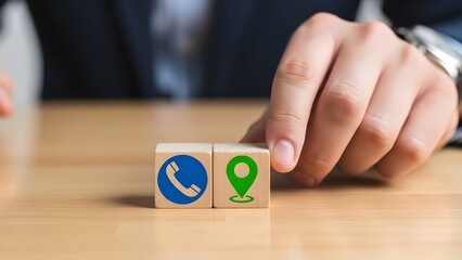 Hand placing wooden blocks with phone and location icons on a table in a business setting for communication and navigation with strategy and planning and organization with office