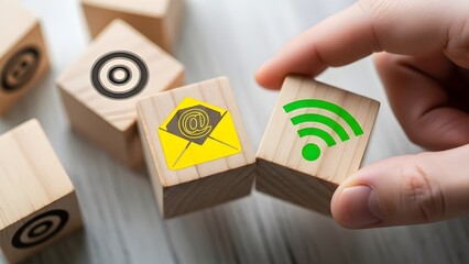 Hand holding wooden block with green wifi symbol surrounded by technology and communication icons on cubes with internet and connection and network and digital with online