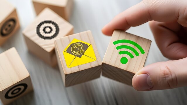 Hand holding wooden block with green wifi symbol surrounded by technology and communication icons on cubes with internet and connection and network and digital with online - Powered by Adobe