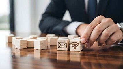 Businessman placing wooden block with wi fi symbol on polished wooden desk with email icon nearby with technology and connection and online and internet and network with digital