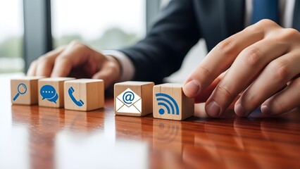 Businessman arranging wooden blocks with social media and communication icons on a polished wooden desk in an office setting with natural light with technology with digital