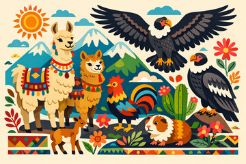 Obraz premium Vector illustration of Peruvian animals with vibrant decorative style