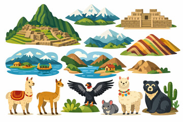 Tourist elements of Peru in flat style with mountains ruins lakes and Andean animals