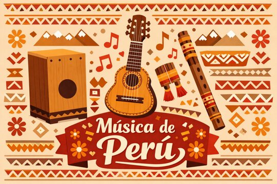 Vector graphic of Peruvian musical instruments cajon charango and quena with flat patterned style and text Music of Peru