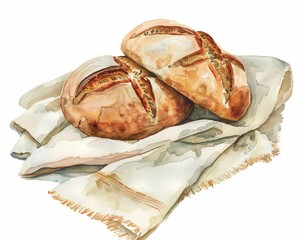 Watercolor sourdough bread, hand drawn illustrations, isolated, bakery design, homemade baking