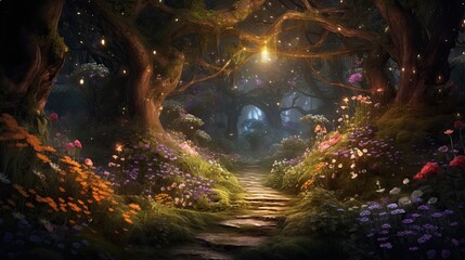 Enchanted forest with flowers, landscape with dreamlike fantasy atmosphere.