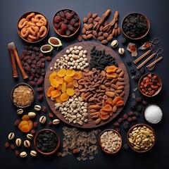 Photo dried fruits and assorted nuts composition on dark background