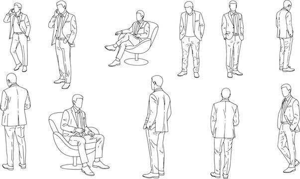 Set of professional business man line art for architectural rendering, scale figures of men in suits standing and sitting for office interior design.