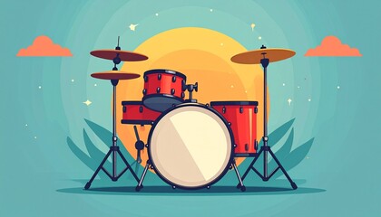 Drum Set with Cymbals on a Stage with Sun and Cloud Background Illustration for Music Art and Entertainment.