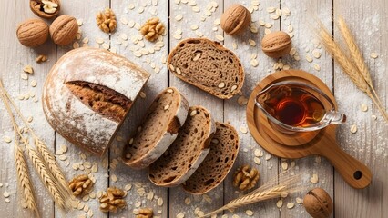 Slices of Walnut Rye Bread with Maple Syrup, Walnuts, and Wheat
